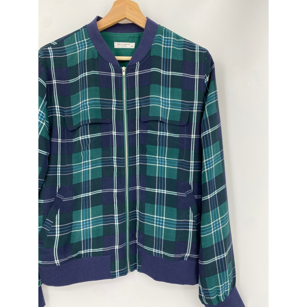 Equipment Abbot Jacket Womens Small Green Plaid Tartan Silk Bomber Full Zip